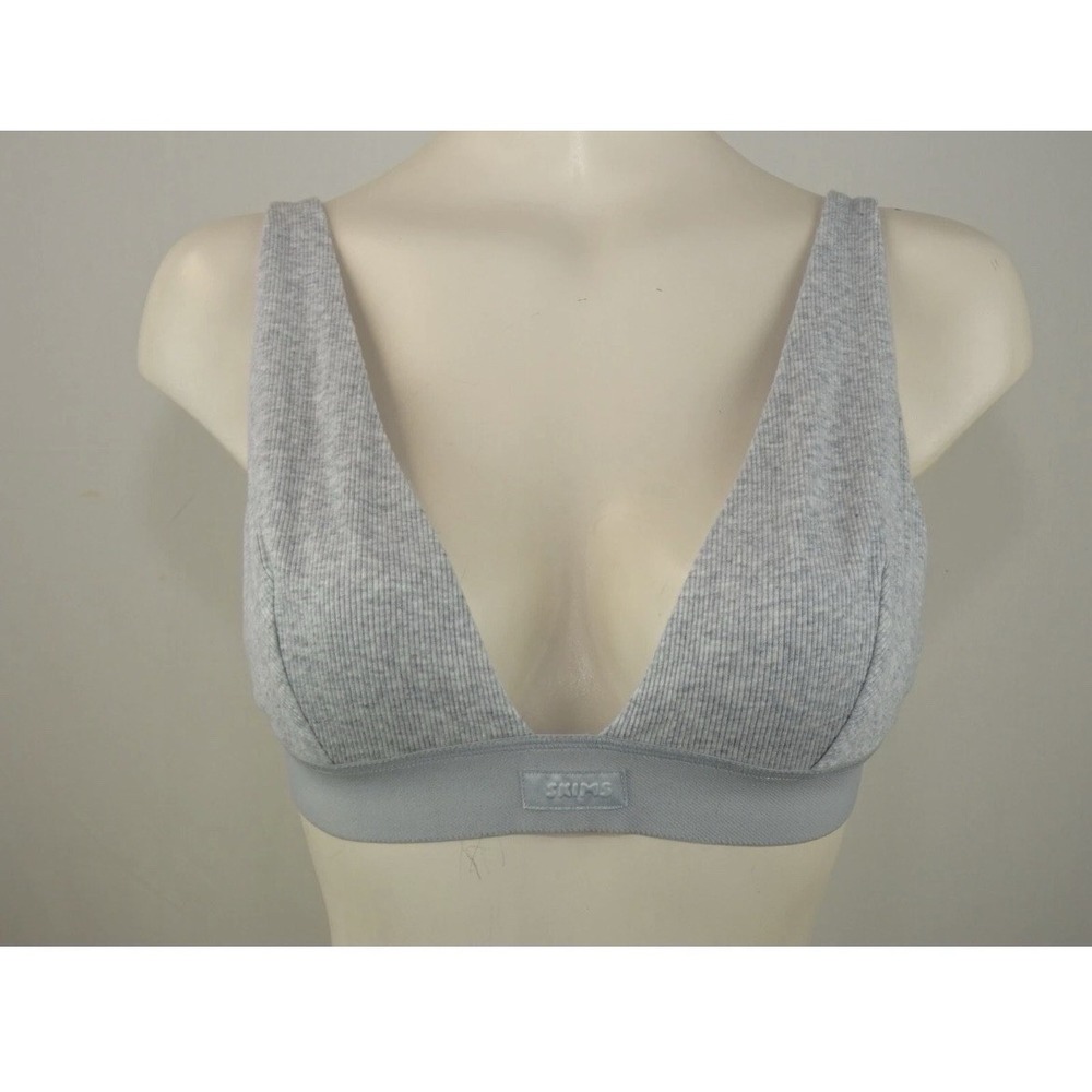 Skims# Rib Cotton Plunge Bralette Unlined Wire Free Bra US Size Small Light Gray